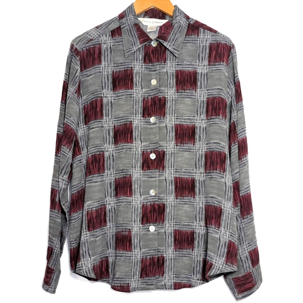 Vintage 90s Casual Corner 100% Silk Plaid Button Up Blouse Women’s Size 14